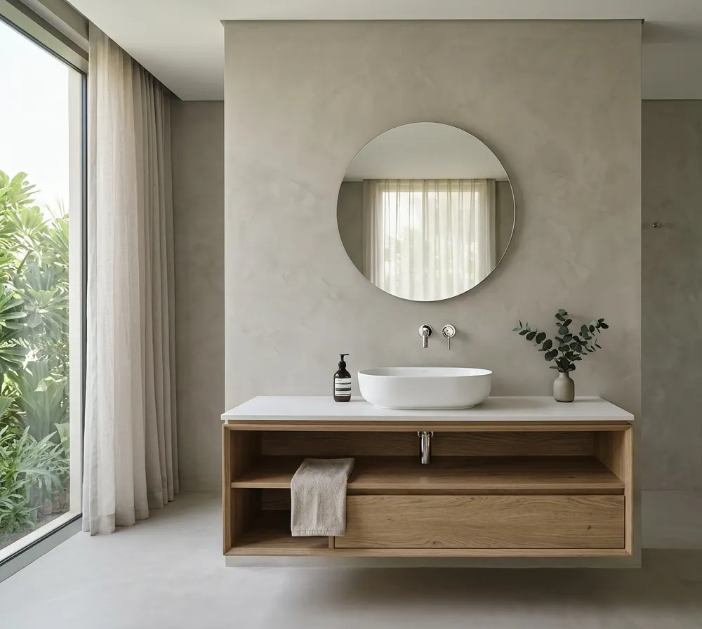Full-height microcement wall behind a white ceramic basin, with the vanity top and oak cabinet in other materials