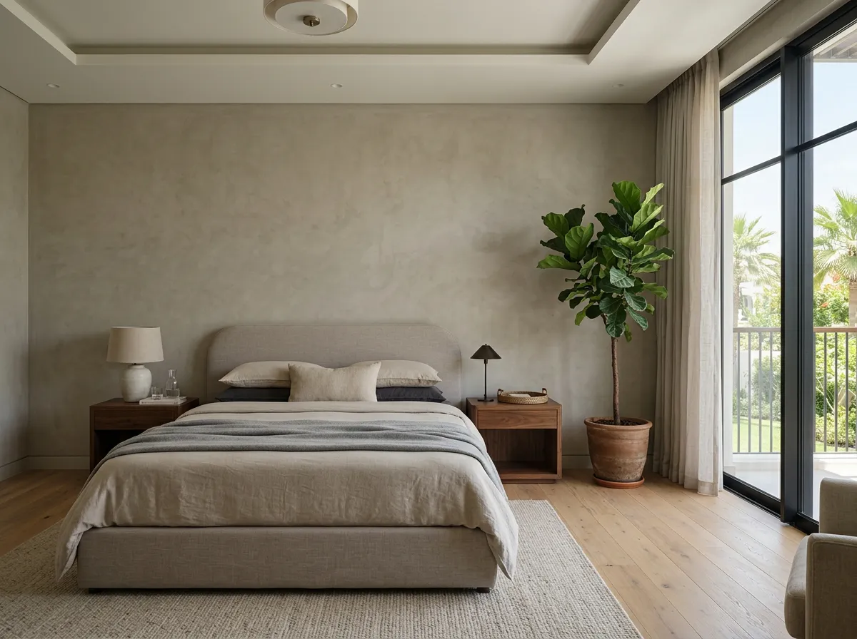 Villa bedroom with a full-height microcement feature wall behind an upholstered bed, walnut bedside tables and an oak floor