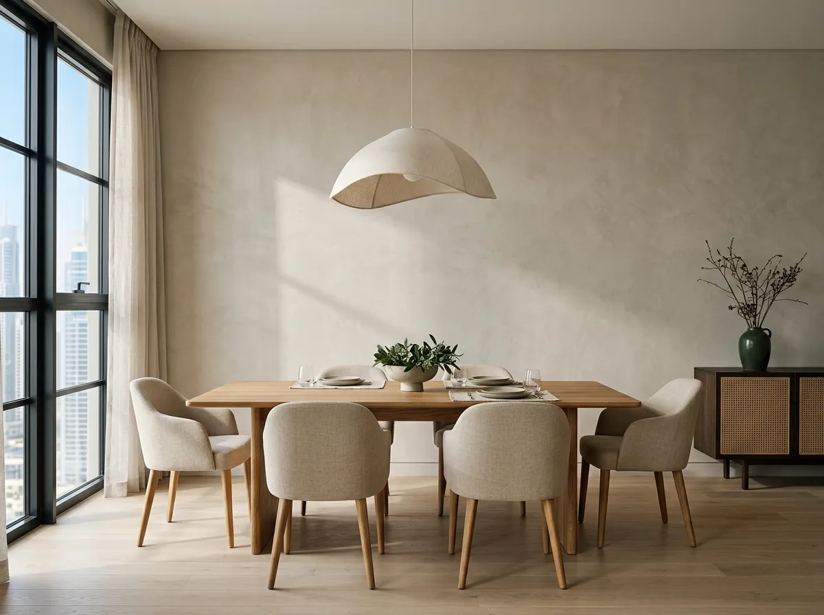 Full-height microcement feature wall behind an oak dining table in an apartment, lit by raking window light