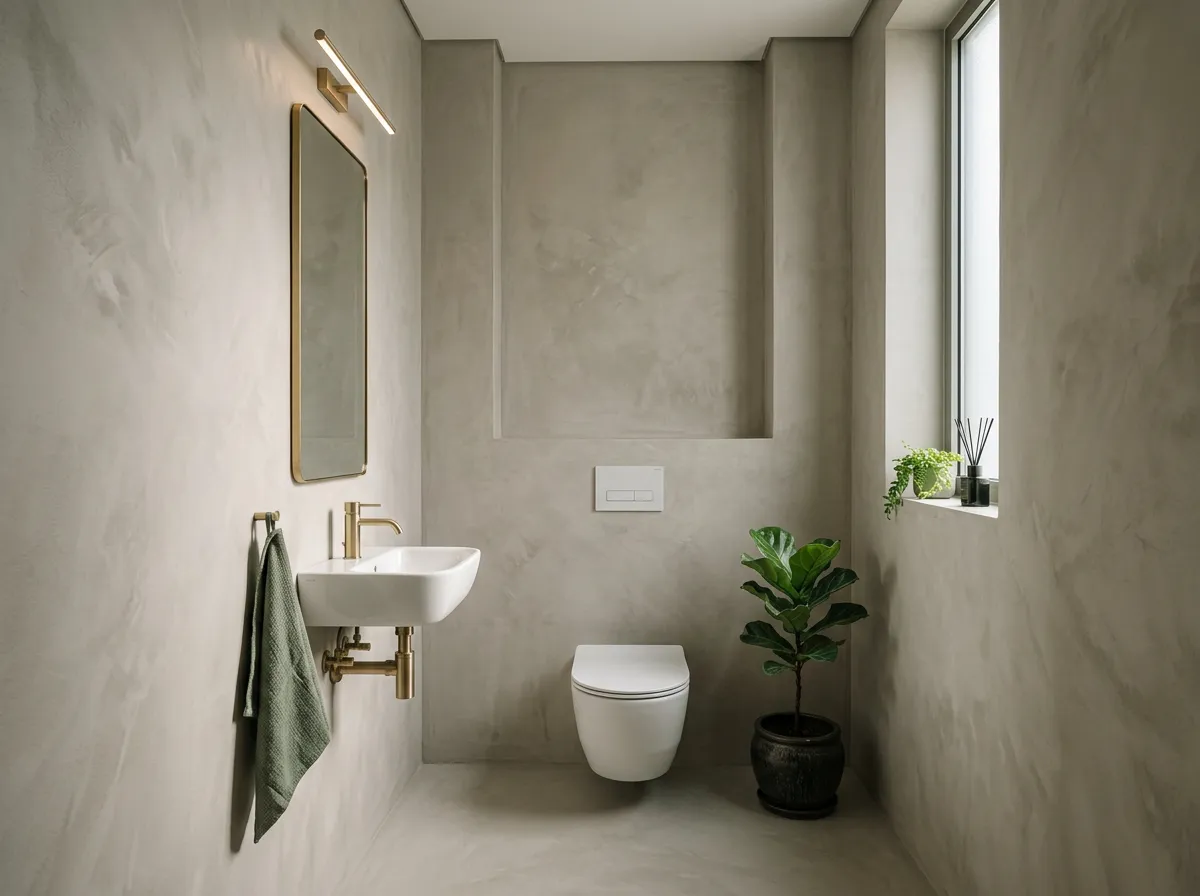 Guest toilet with walls and floor in microcement and white ceramic fixtures