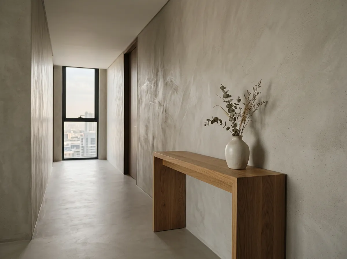 Apartment hallway with microcement walls and floor in soft raking light and an oak console