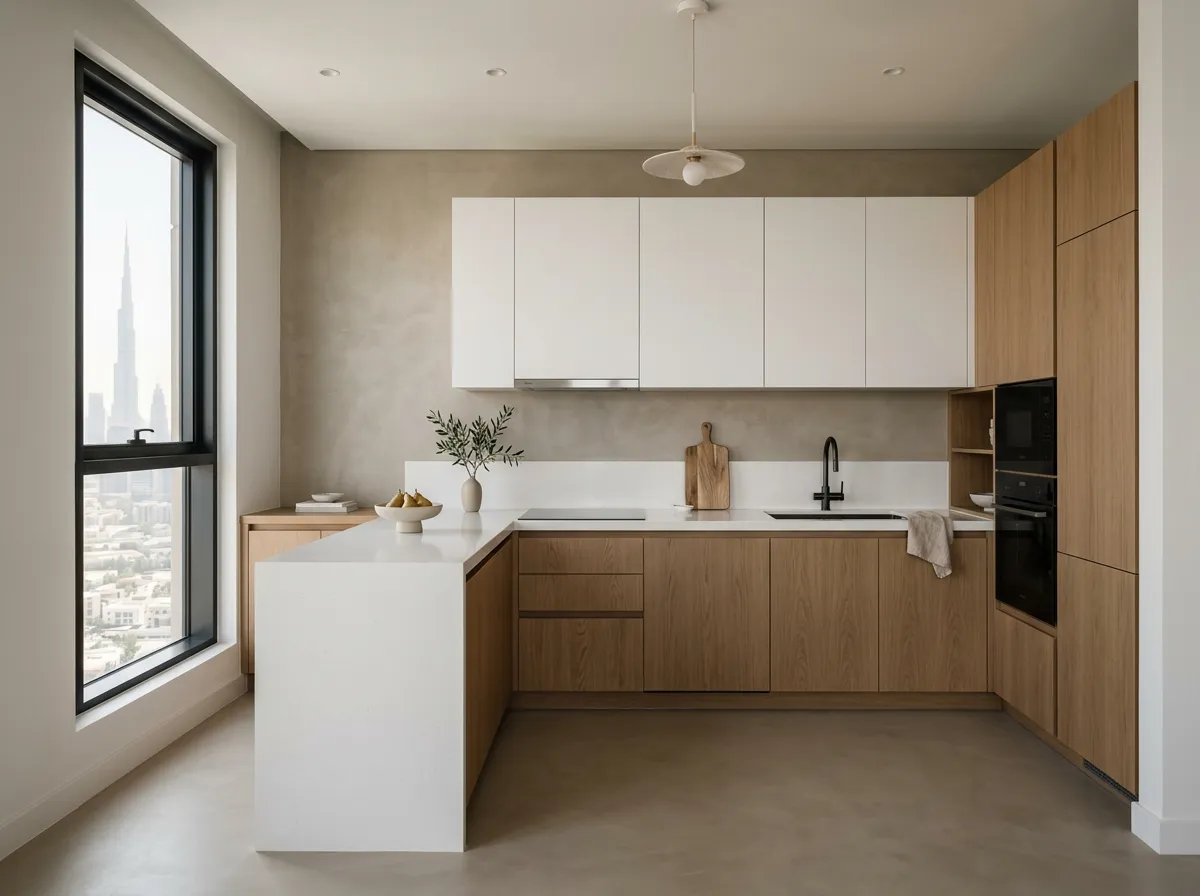Apartment kitchen with a microcement floor and splashback wall, oak and white cabinets and a white quartz worktop