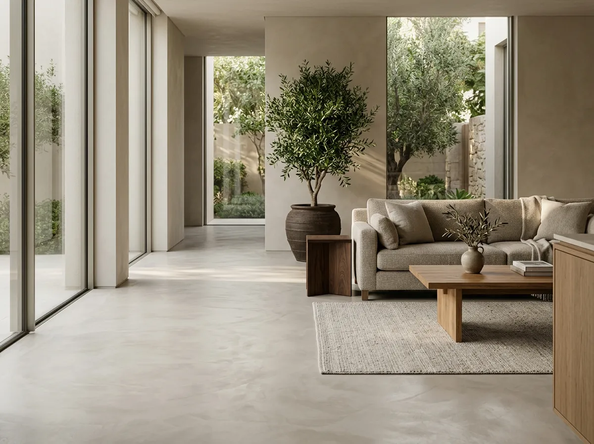 Seamless microcement floor running through a villa living room in warm greige, with wood and fabric furniture
