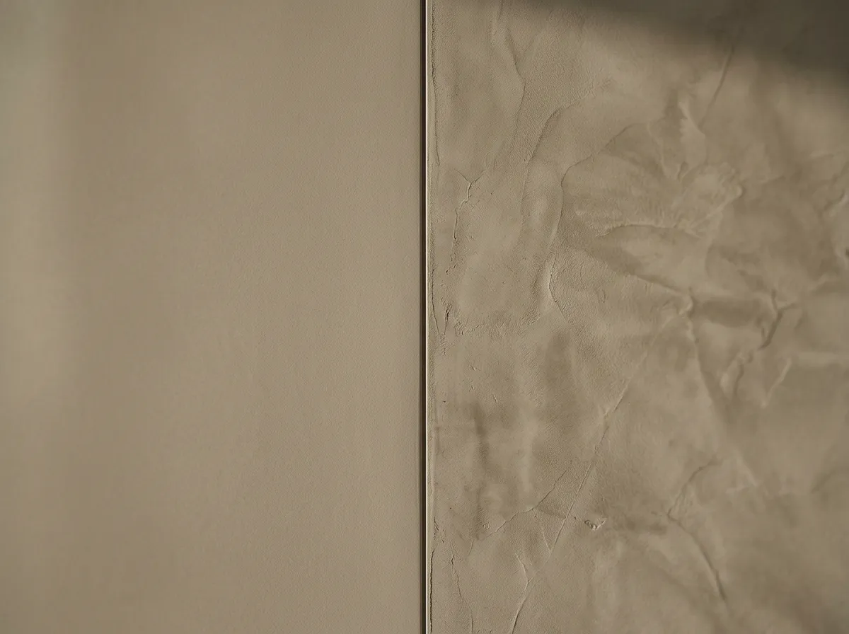 Close-up of a microcement wall in raking light, near-smooth finish on the left and visible hand-trowel grain on the right