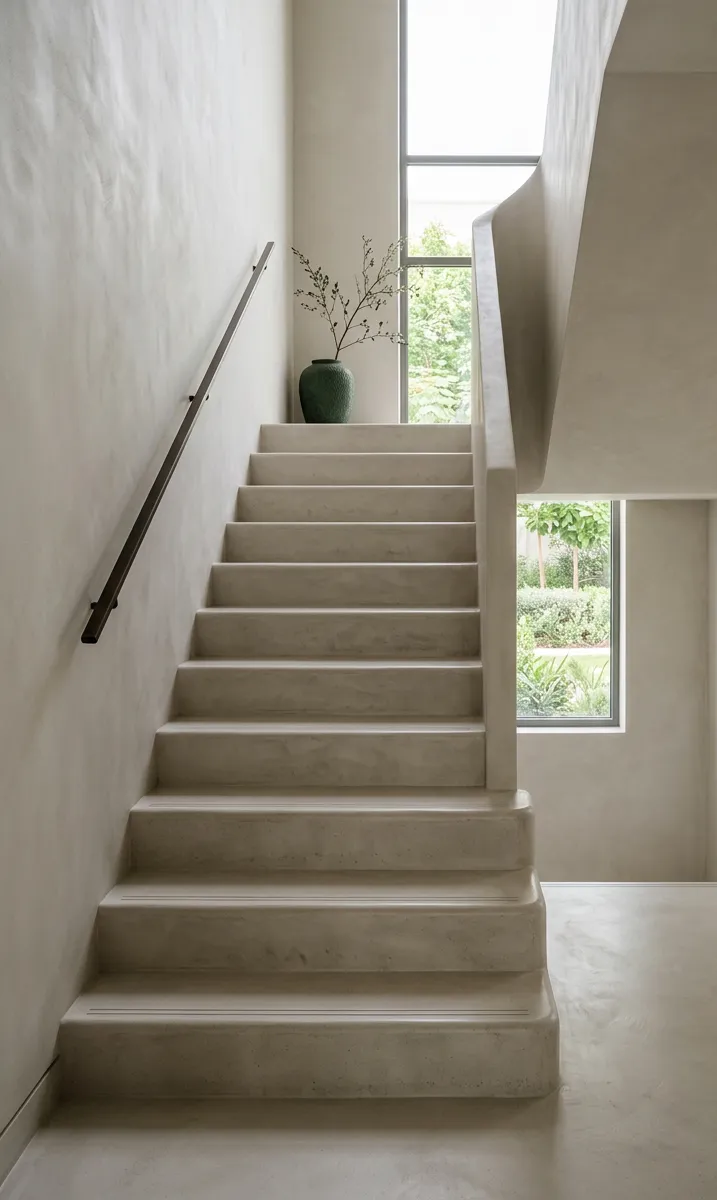 Villa staircase with treads and risers finished in one continuous microcement surface