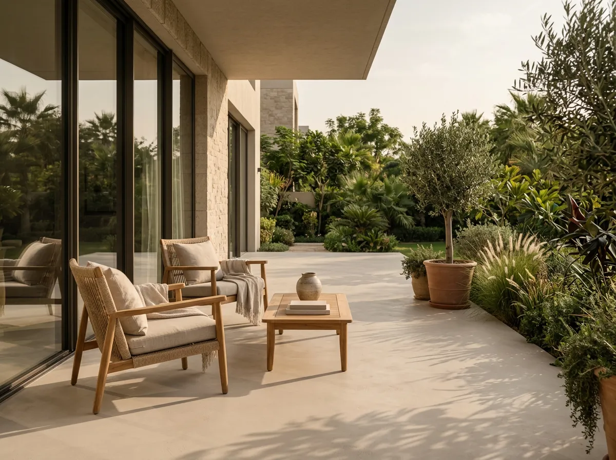 Villa terrace floor in a light outdoor-rated microcement with a fine matte non-slip finish and teak furniture