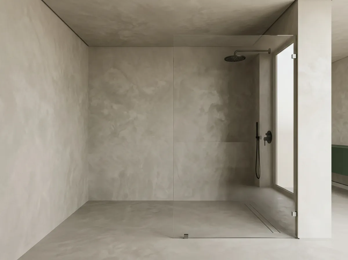 Walk-in shower with floor, walls and ceiling in one microcement finish, frameless glass and a linear drain