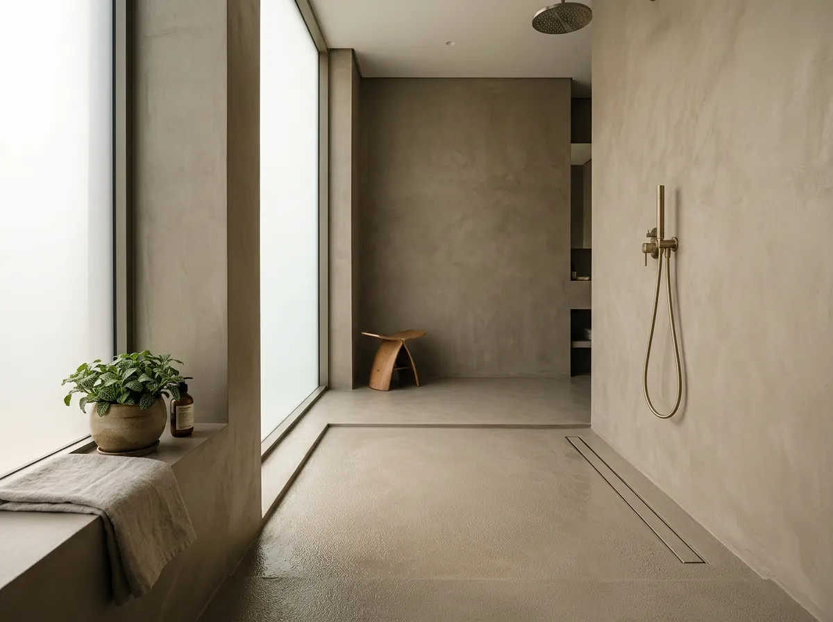Wet-room floor in microcement with a fine anti-slip texture and a flush linear drain, walls in the same finish