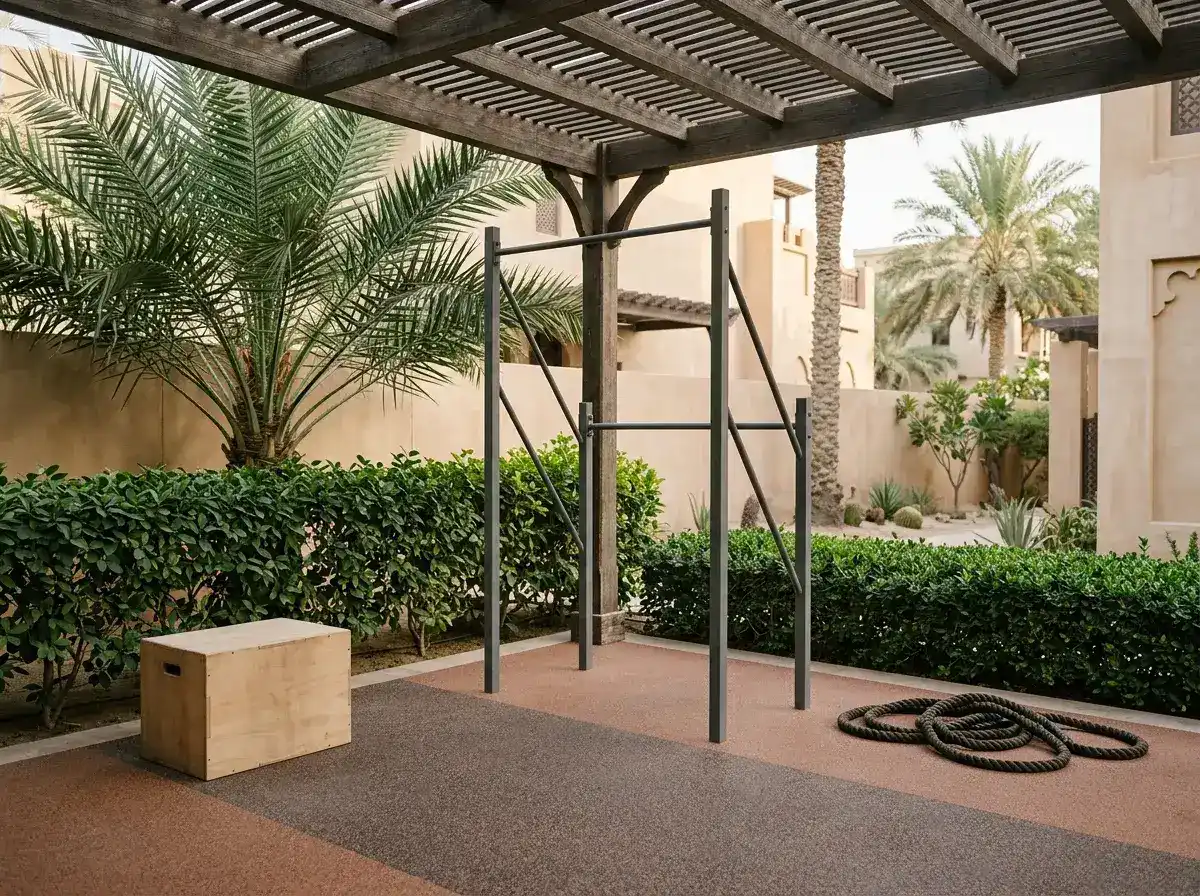 Outdoor fitness corner under a pergola with a pull-up frame, plyo box and battle rope on a seamless terracotta and charcoal poured rubber floor