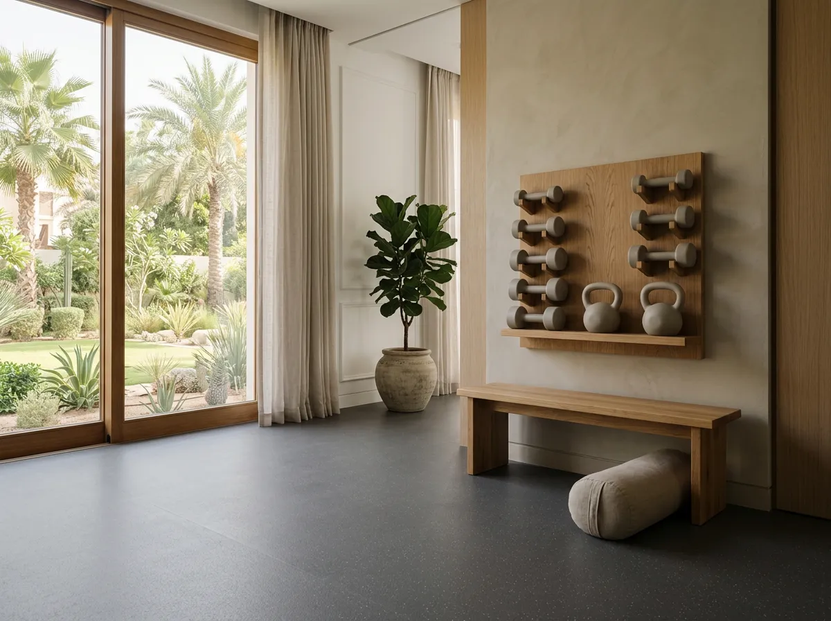 Villa home-gym room with a wall rack of light dumbbells and kettlebells, a wooden bench and one seamless charcoal poured rubber floor