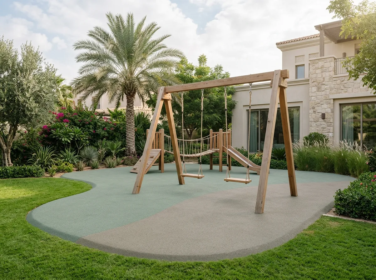 Illustration of a villa garden play area: a wooden swing frame on one seamless poured rubber surface in sage green and grey, with a curved edge to the lawn