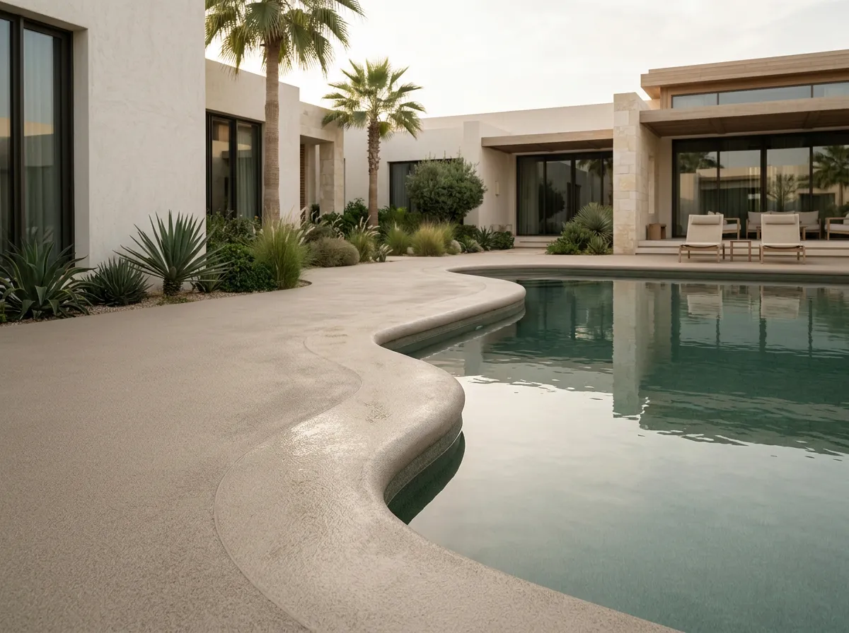 Illustration of a villa pool edge with a walkway of one seamless poured rubber surface in warm sand-grey and a rounded edge