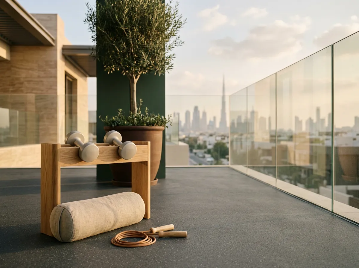 Illustration of a roof-terrace home-gym corner with light dumbbells, a skipping rope and a linen bolster on seamless charcoal poured rubber