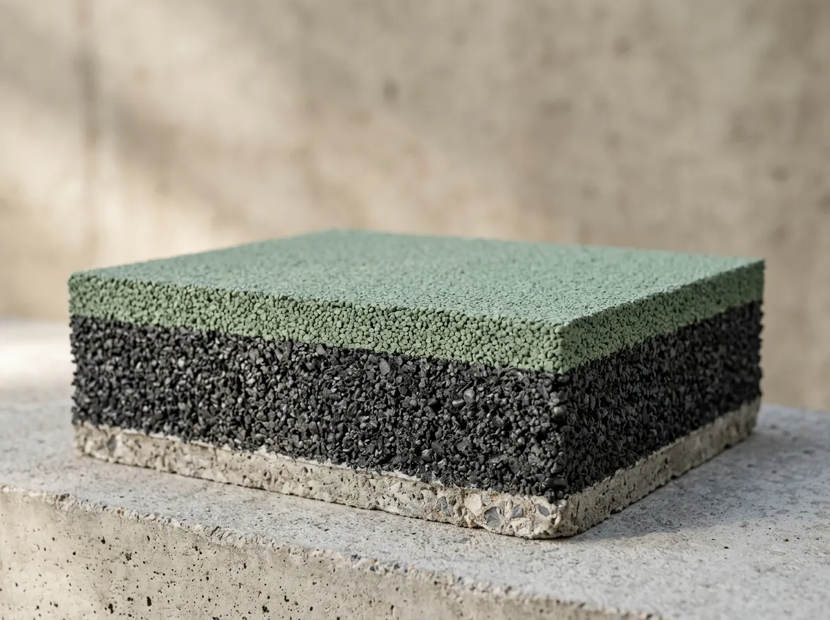 Illustration of the two-layer build-up in cross-section: a dark rubber-crumb cushioning base under a sage-green coloured wear layer, on concrete
