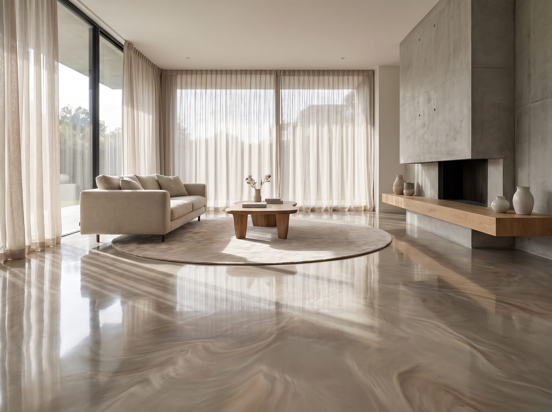 Seamless metallic epoxy floor reflecting a contemporary living space