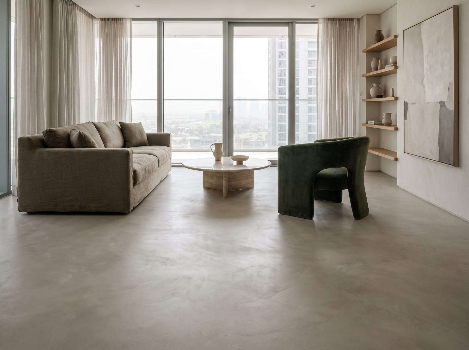 Seamless microcement floor in a contemporary capital living space