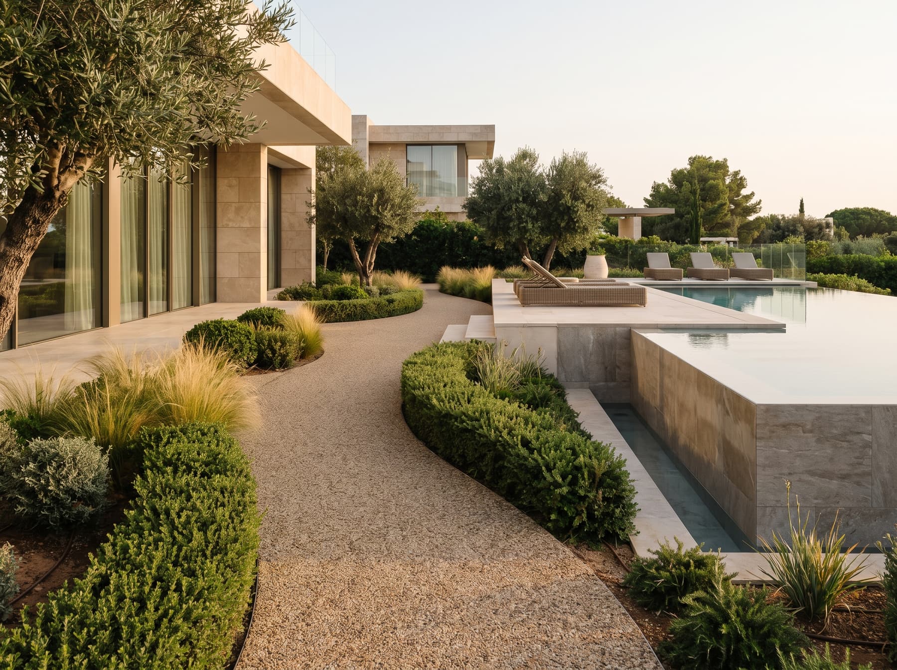 Resin bound stone path beside a landscaped capital villa pool terrace