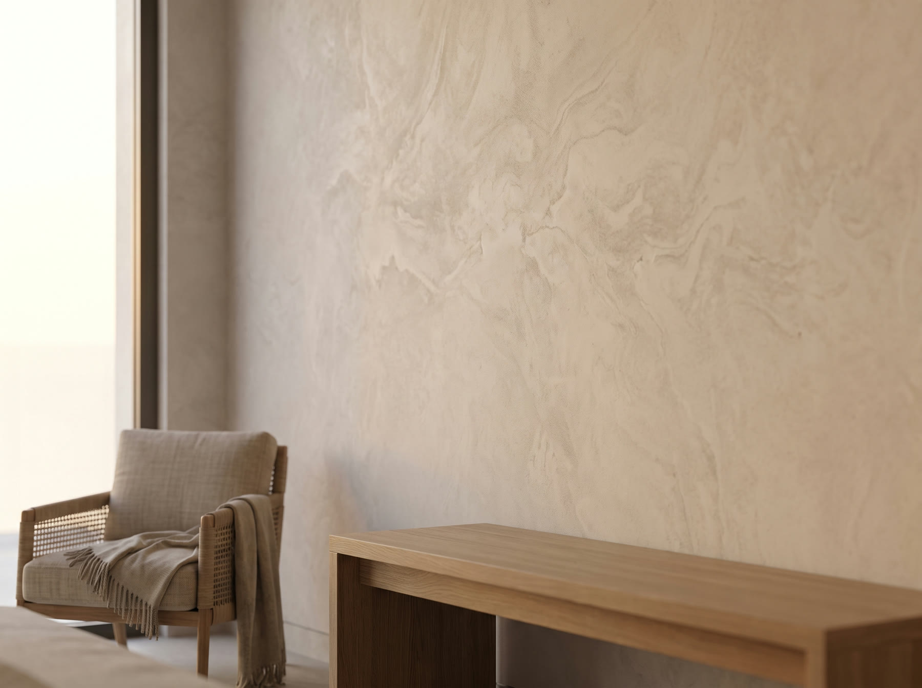 Close-up of marmorino lime plaster showing soft, cloudy marble movement