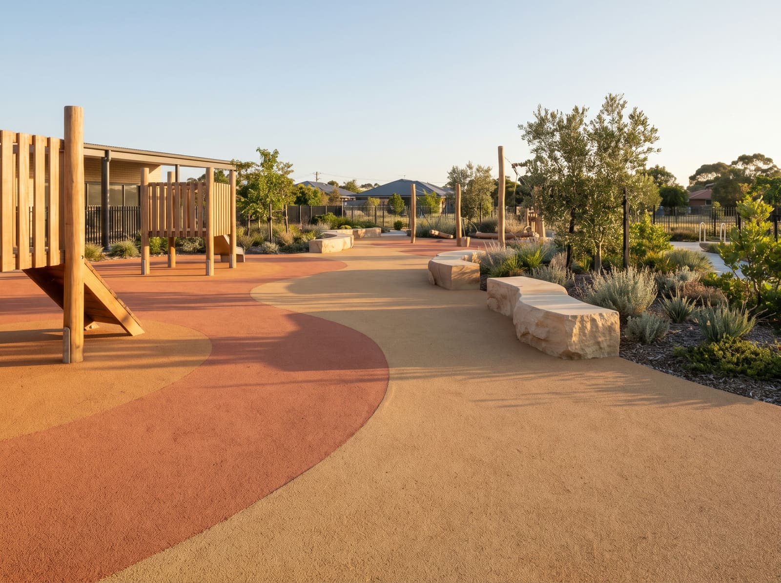 Seamless poured rubber play area in sand and terracotta tones flowing around play equipment