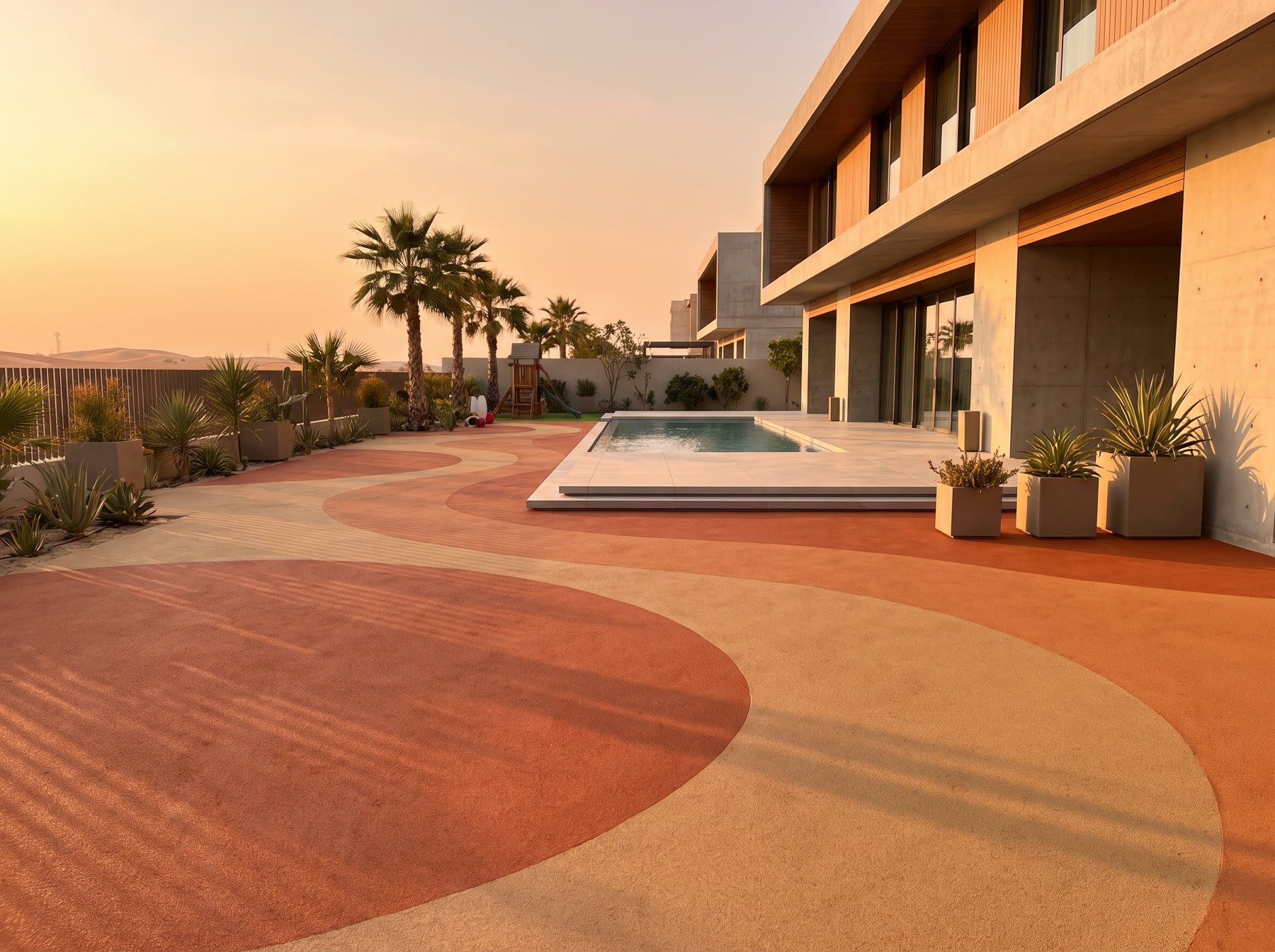 Rubber flooring laid in sweeping bands around a villa pool, UAE