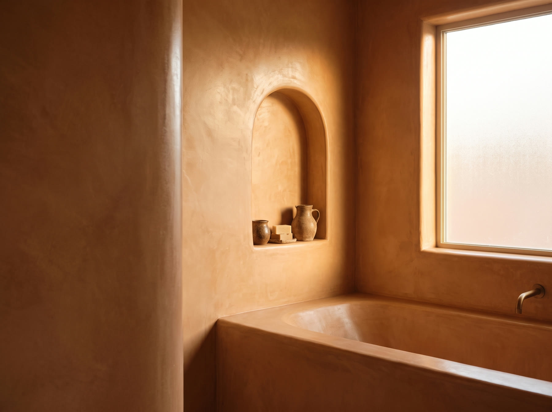 Stone-burnished tadelakt lime plaster with a soft, leather-like sheen