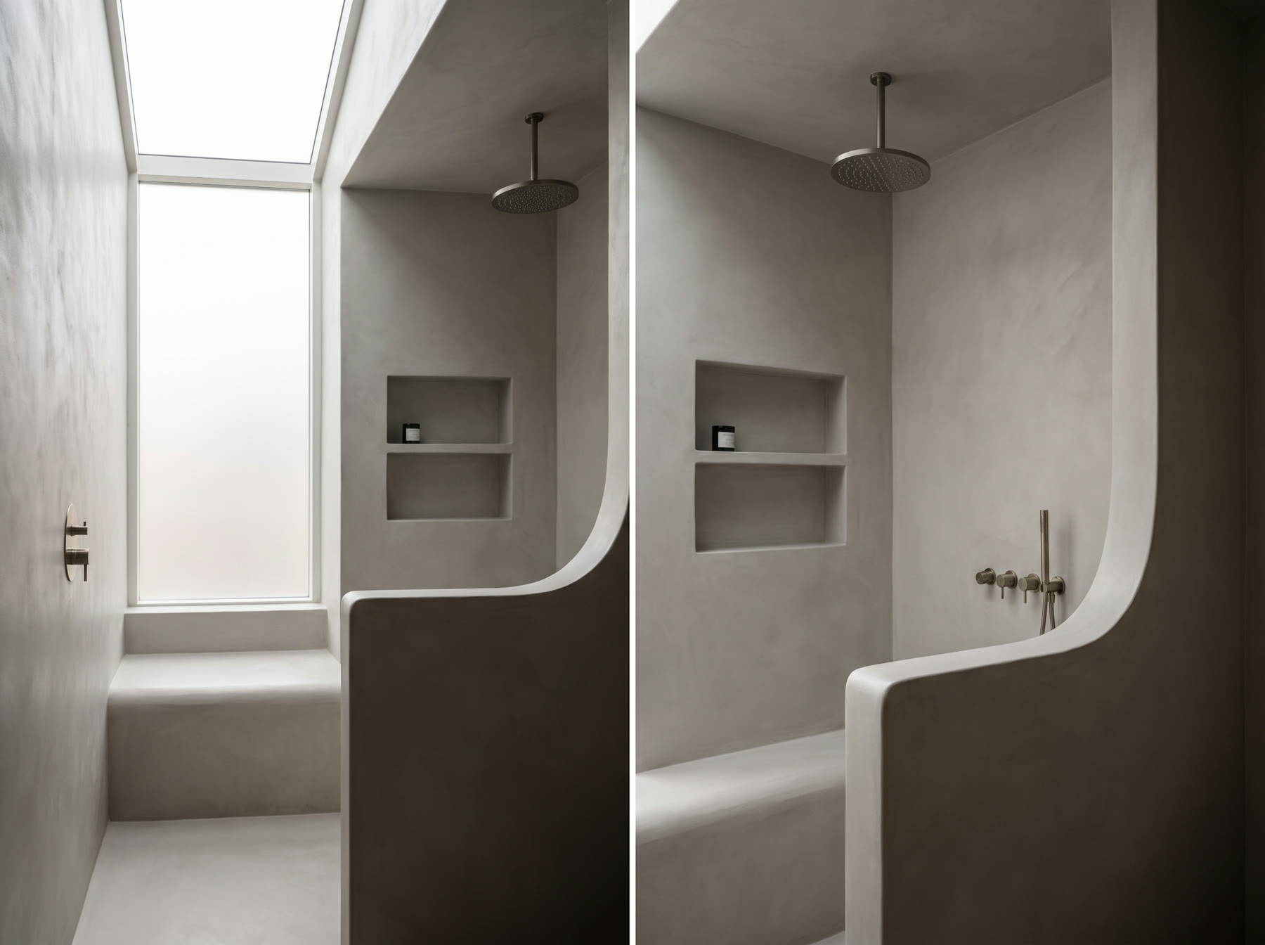 Tadelakt wrapping a curved shower niche without a single joint, Dubai villa
