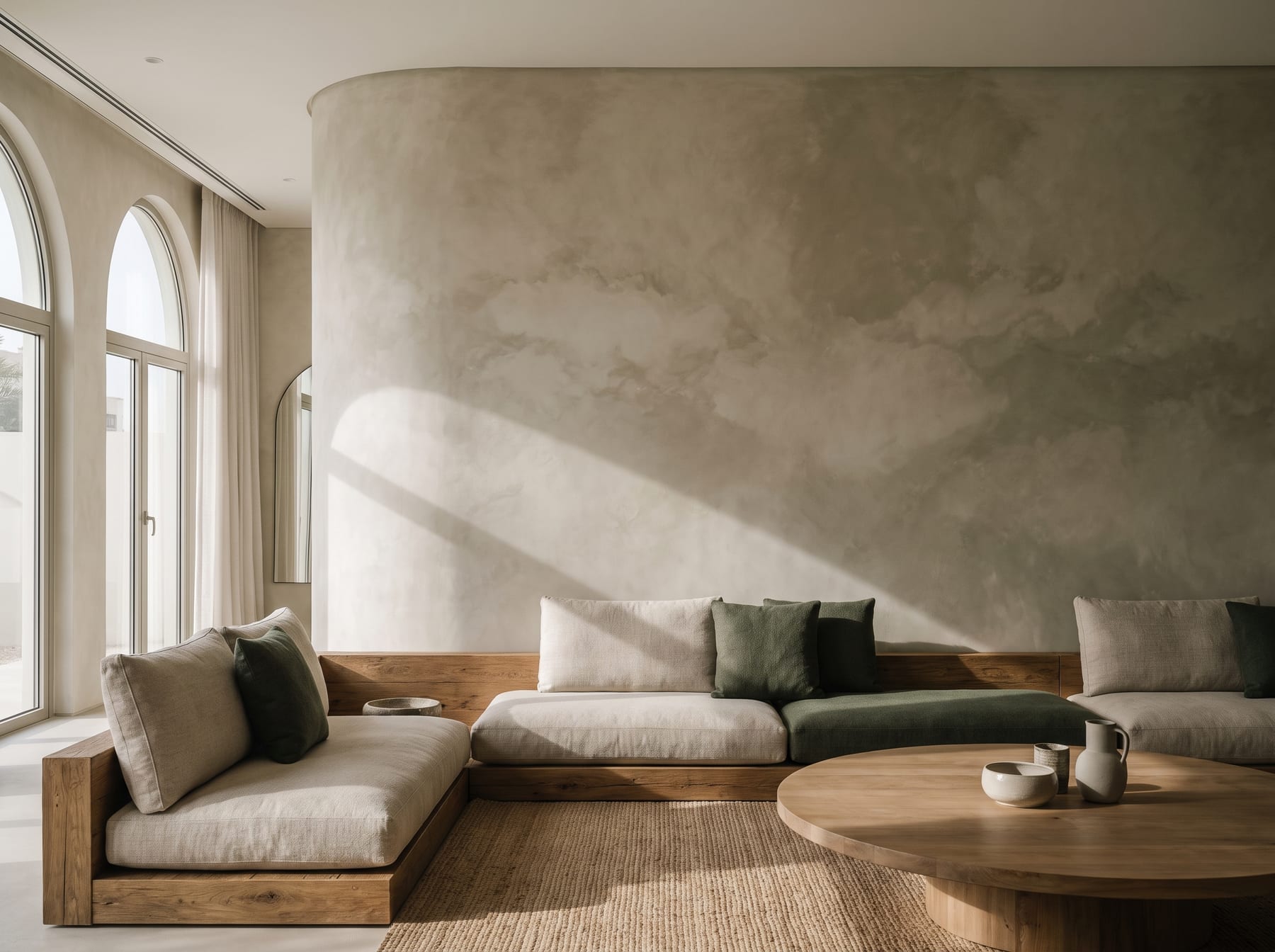 Curved living-room wall in a soft, cloudy limewash-effect textured paint in a UAE villa